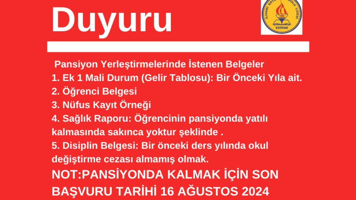 2024-2025 EĞİTİM ÖĞRETİM YILI PANSİYON YERLEŞTİRMELERİNDE İSTENEN BAŞVURU EVRAKLARI